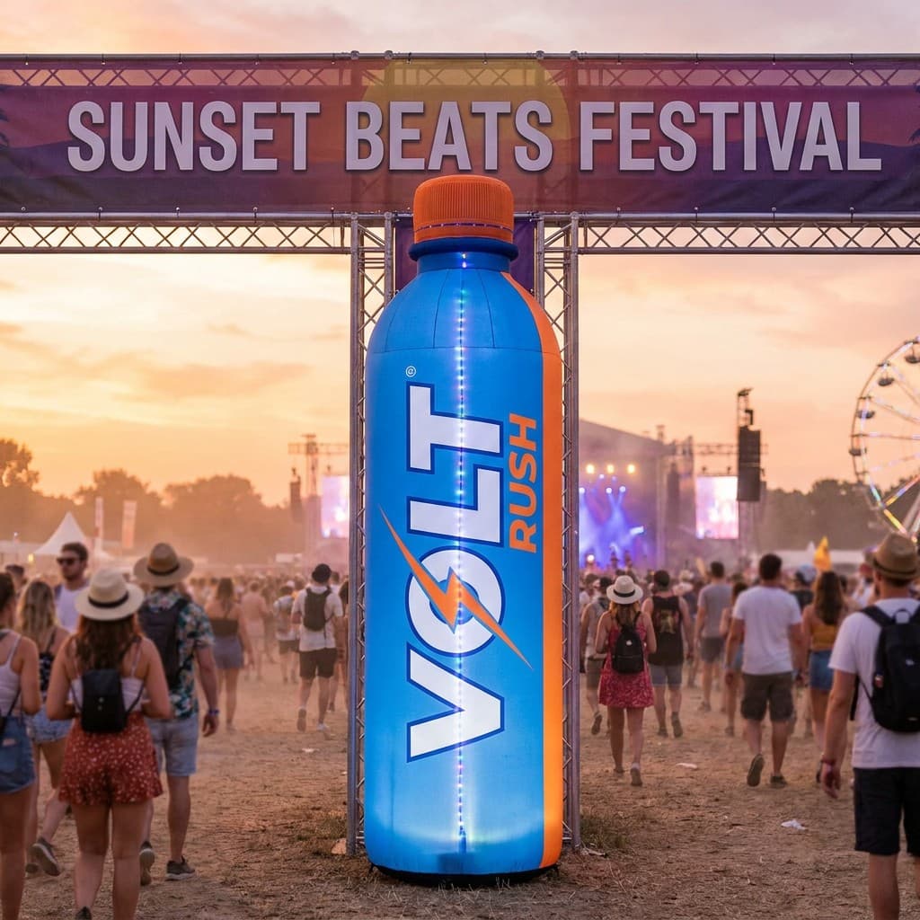 Giant bottle replica with internal LED at night festival | InflatCustom Blog