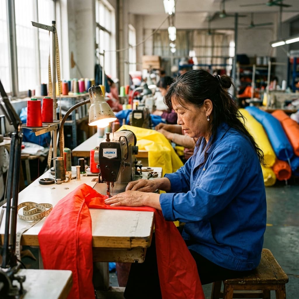 Seamstress operating industrial sewing machine on air dancer fabric tube | InflatCustom Blog