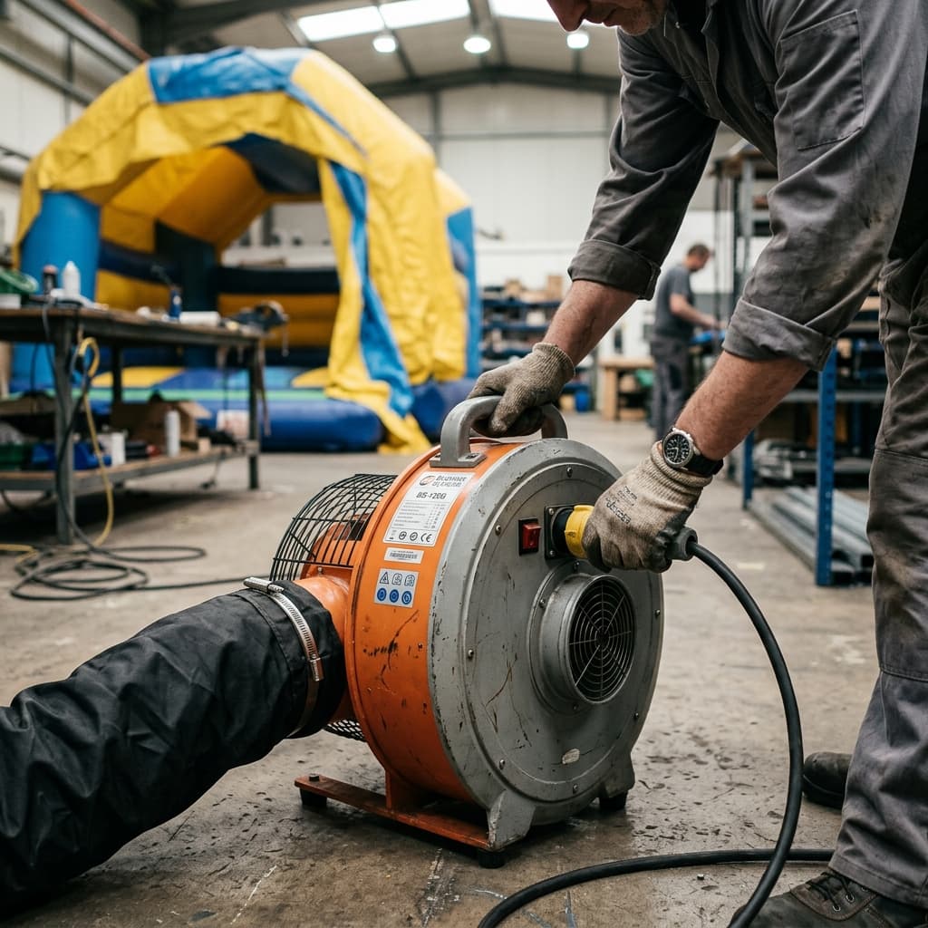 Technician connecting a commercial-grade inflatable blower unit in factory | InflatCustom Blog