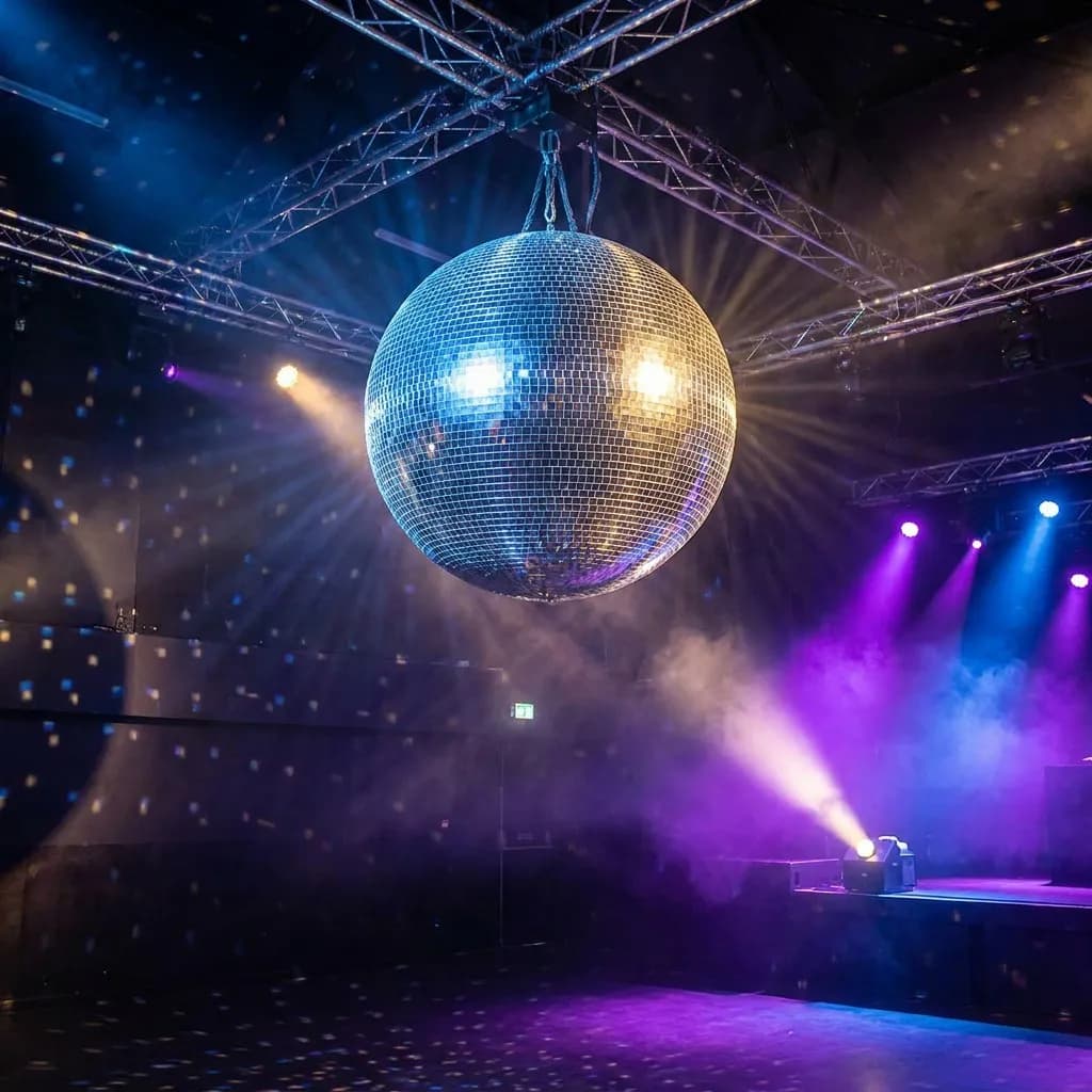Giant inflatable mirror disco ball suspended in nightclub with coloured spotlights | InflatCustom Blog