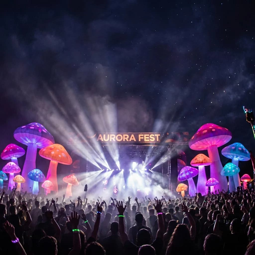 Custom Inflatable LED Mushroom Music Festival Night Scene | InflatCustom