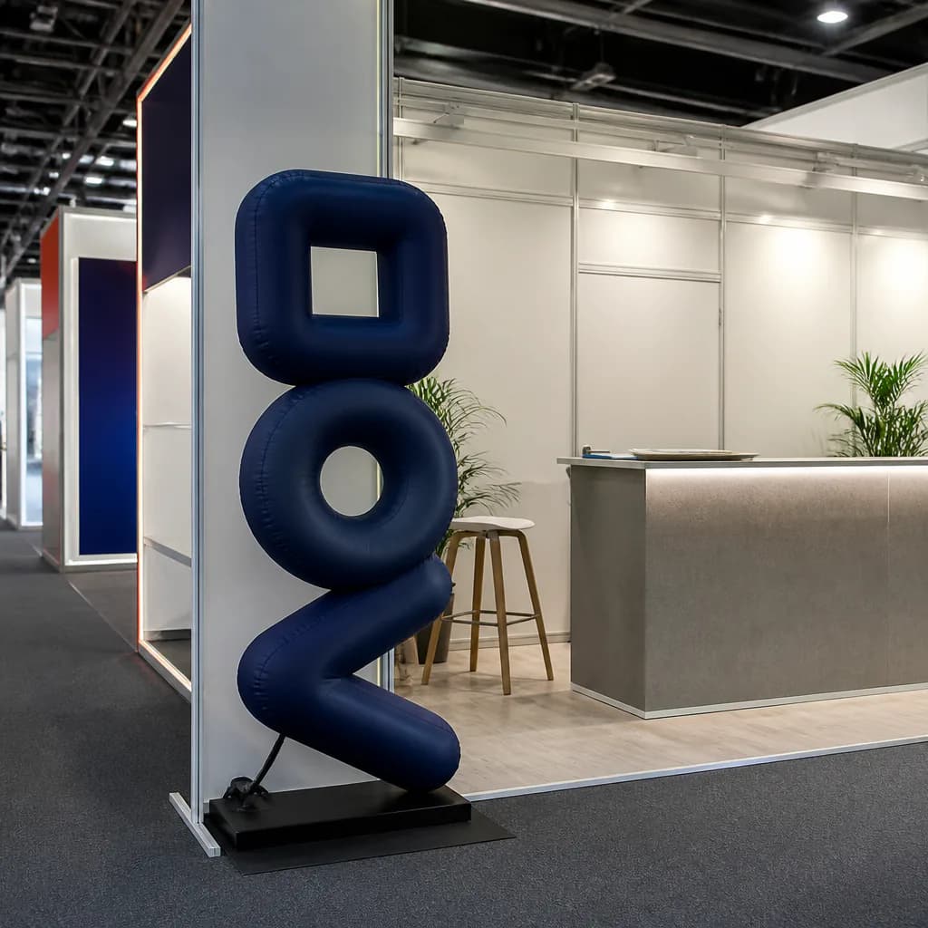 Illustrative exhibition booth fit planning for a compact inflatable logo sign