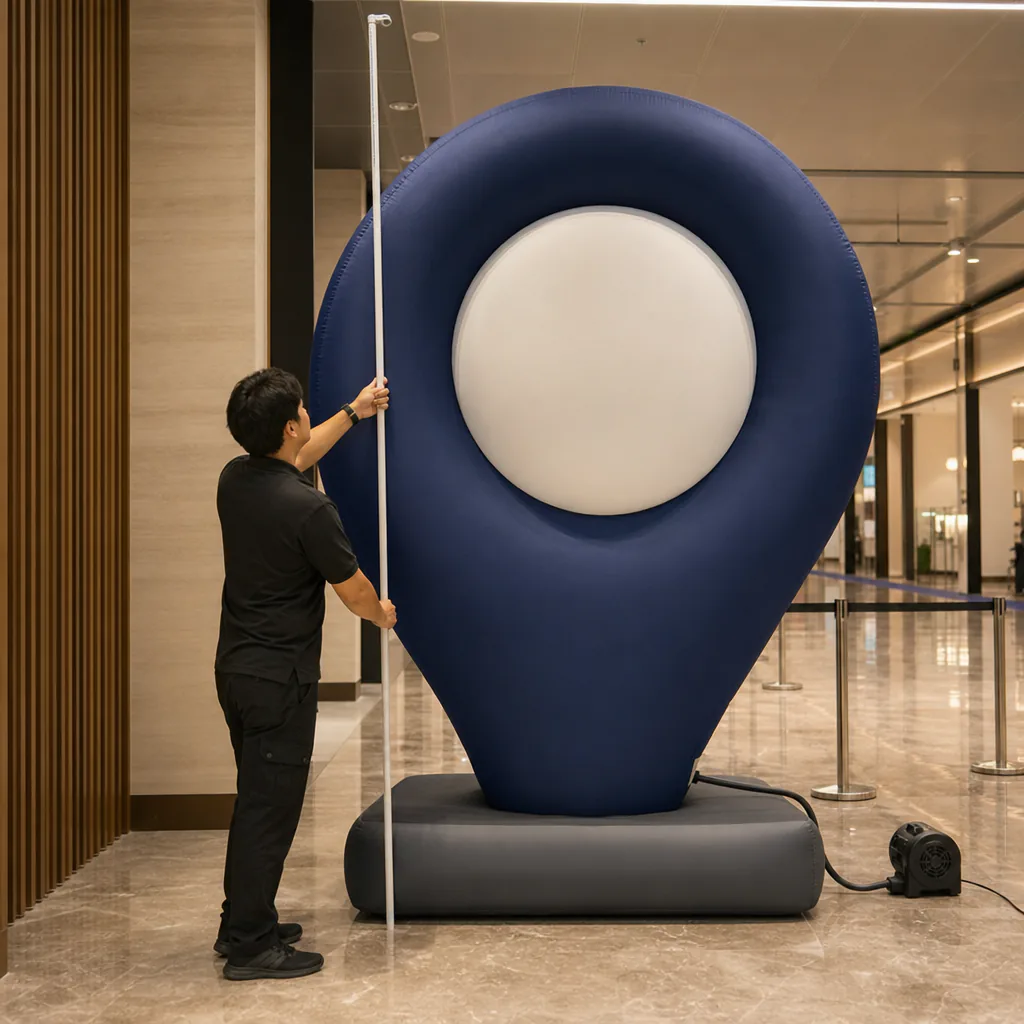 Illustrative mall clearance check for a compact inflatable logo sign