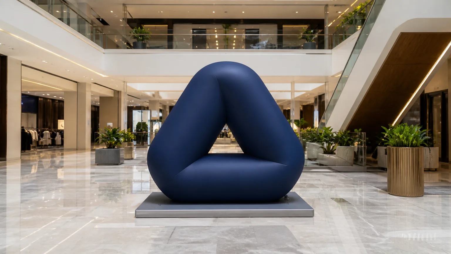 Compact navy inflatable logo sign displayed in a Singapore-style mall atrium