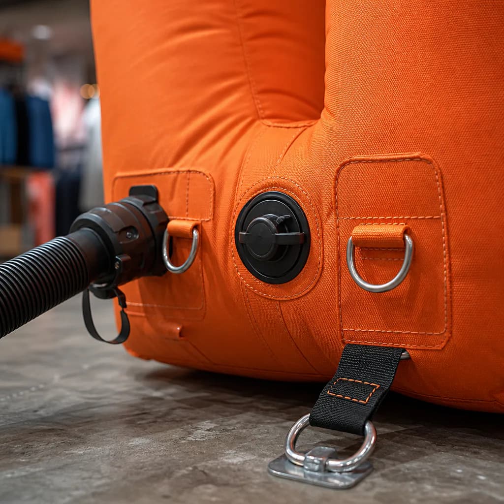 Illustrative close view of inflatable letter fabric, D-ring and secure setup connection point