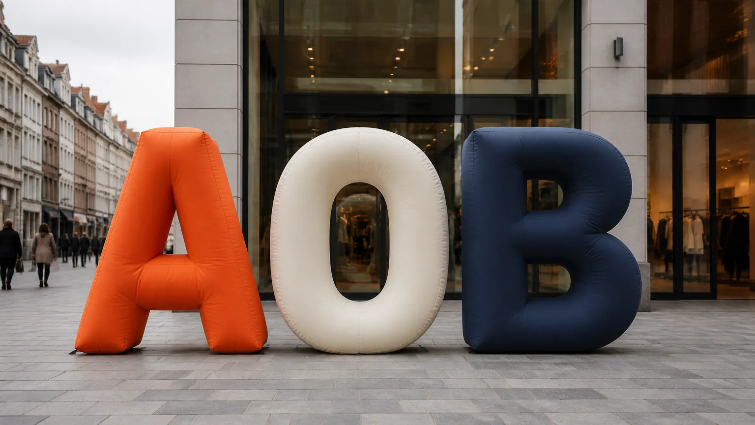 Illustrative custom inflatable letters at a Belgian retail pop-up entrance