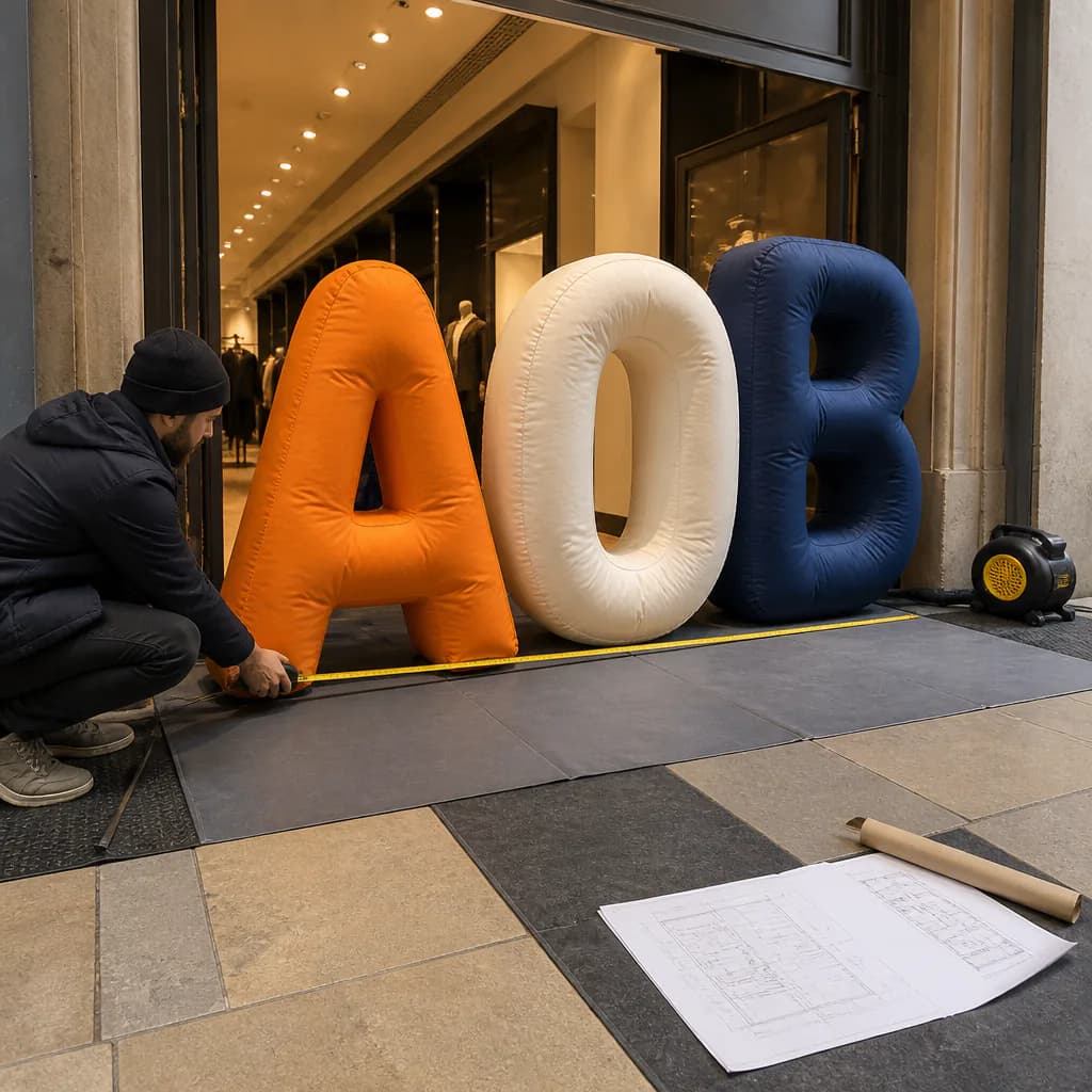 Illustrative entrance-width check for custom inflatable letters at a retail pop-up