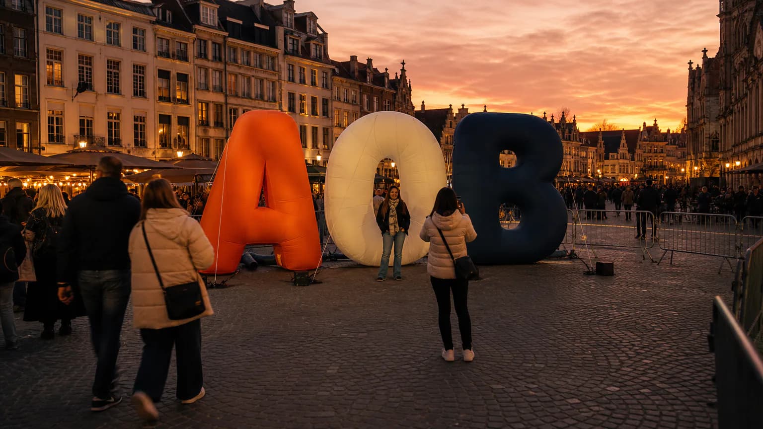 Illustrative custom inflatable letters at an evening brand activation plaza