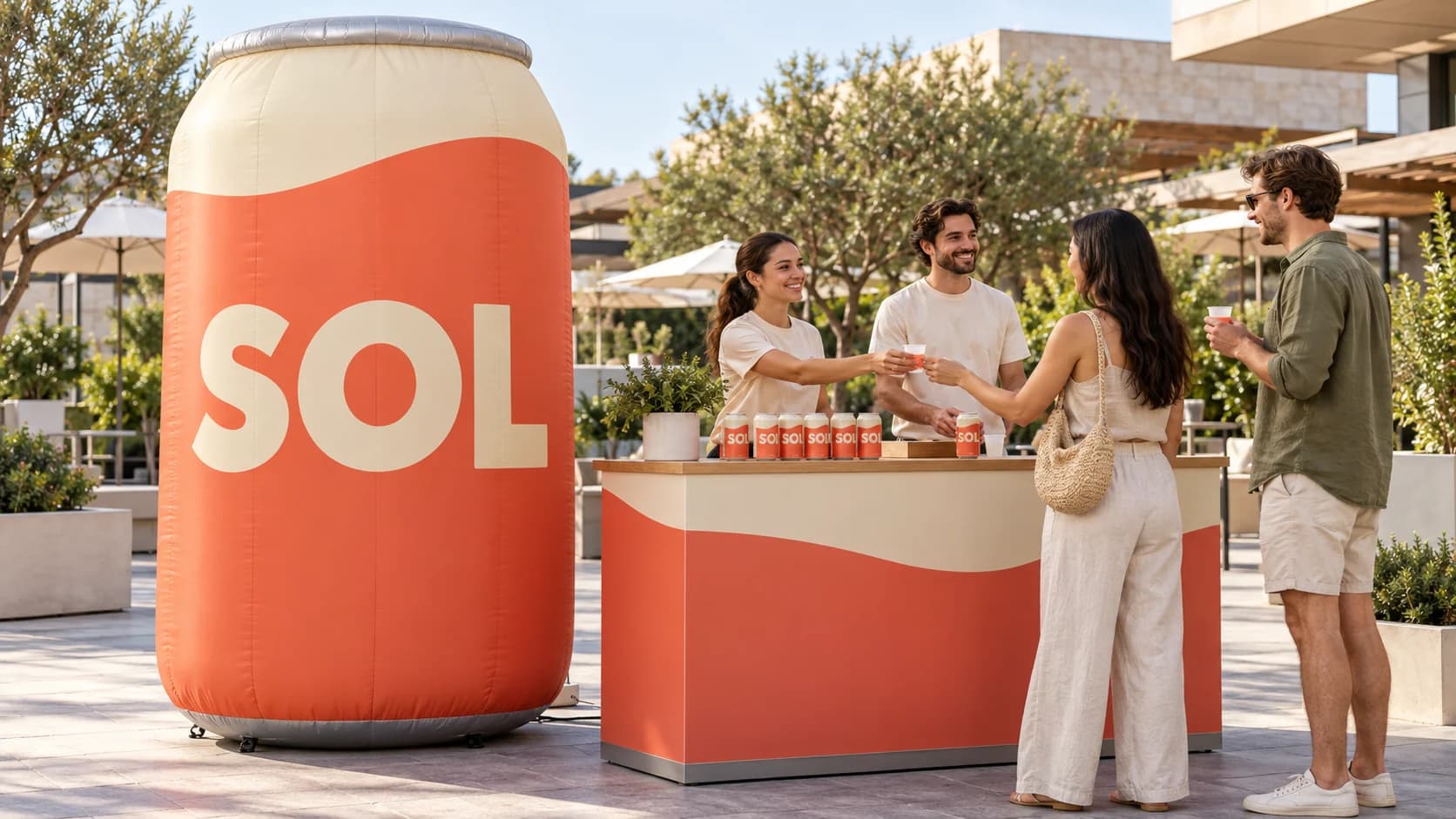 Illustrative giant can replica beside beverage sampling counter; fictional brand and concept only