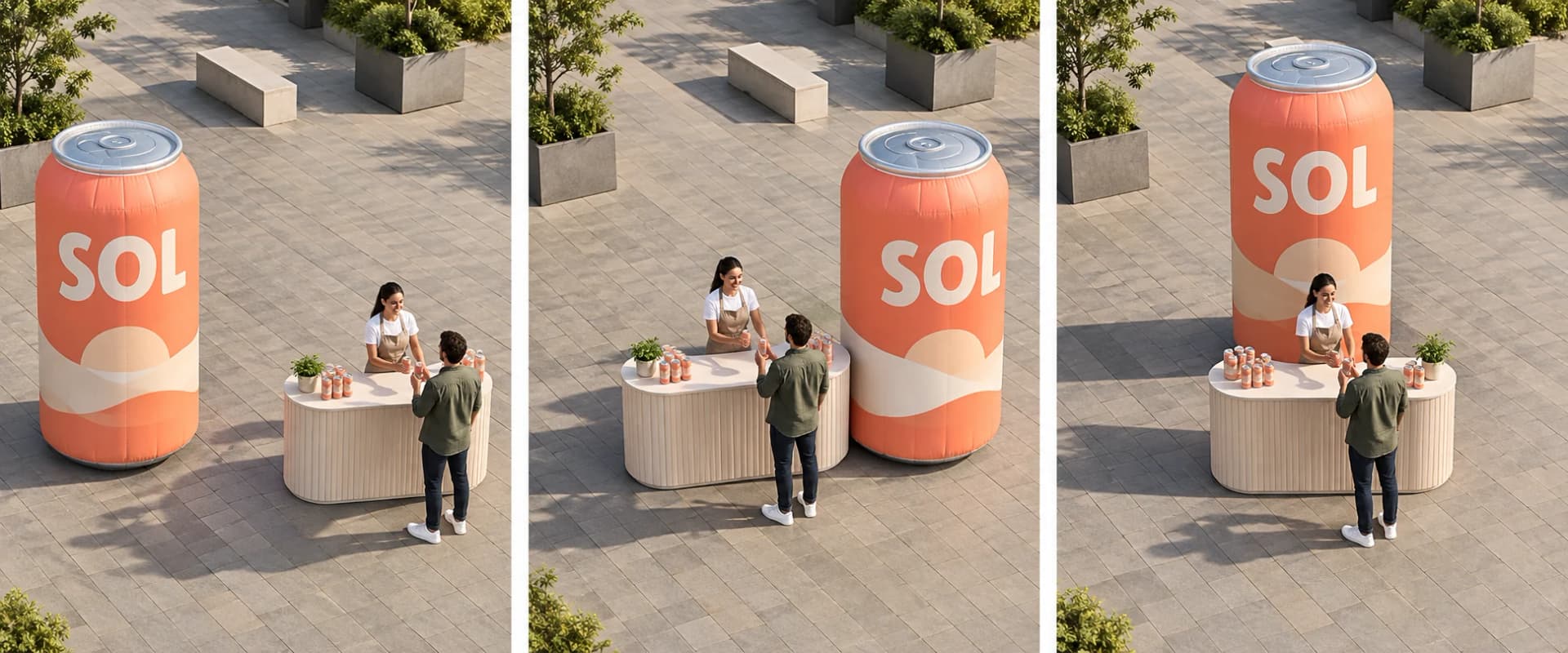 Illustrative layout comparison of freestanding can replica, counter-side display and backdrop