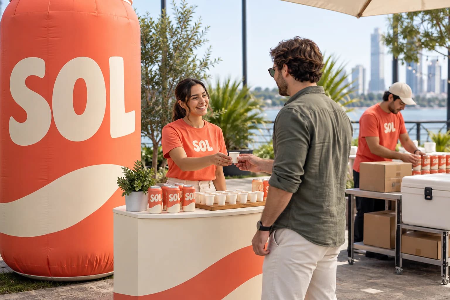 Illustrative sampling team, inflatable can and stock replenishment route in an event concept