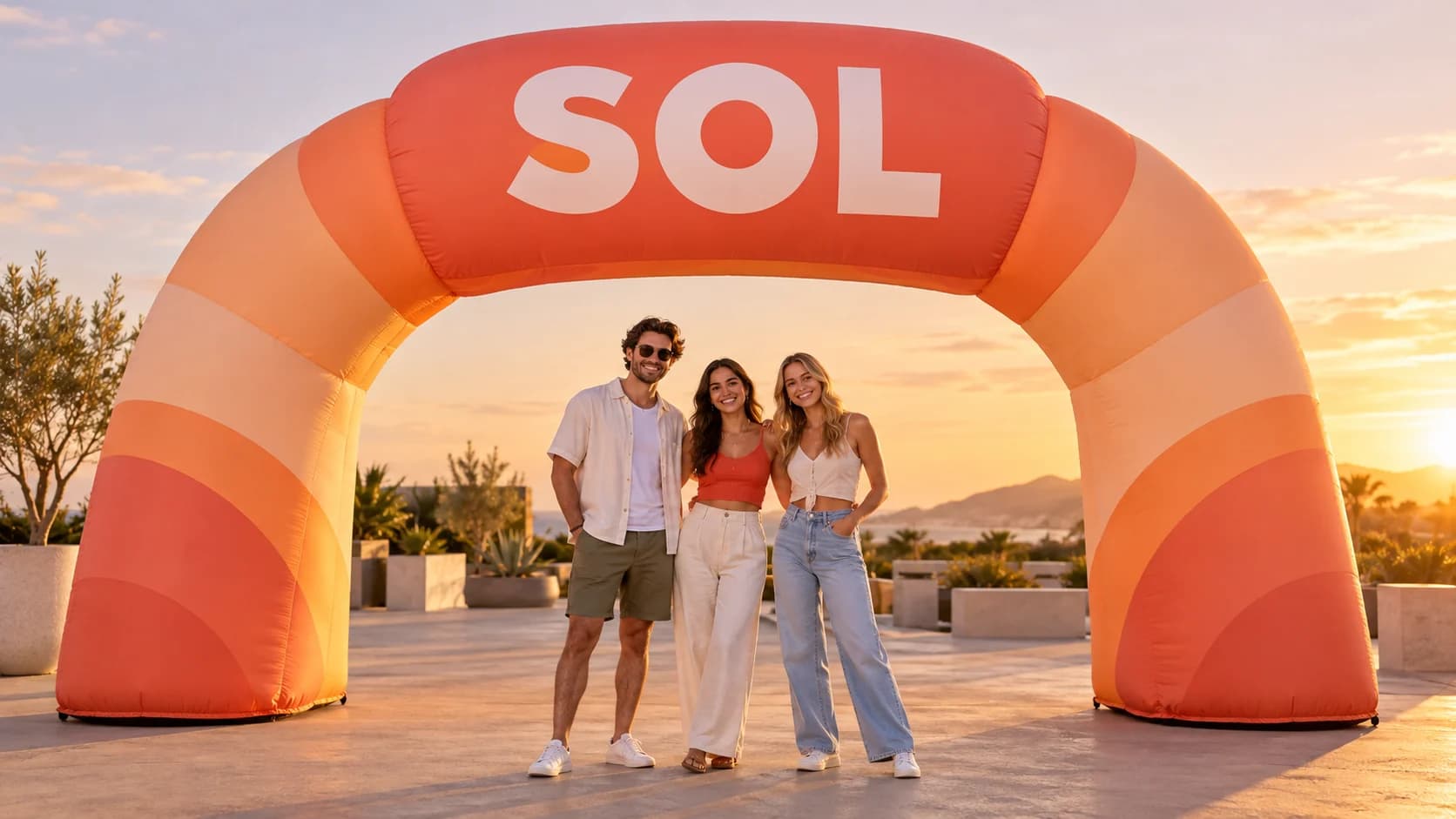 Concept of a sunset-inspired SOL inflatable logo photo zone with guests below the visible brand name