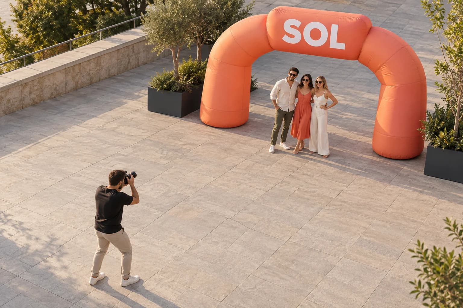 High-angle concept of inflatable branding, guest position and a photographer viewpoint