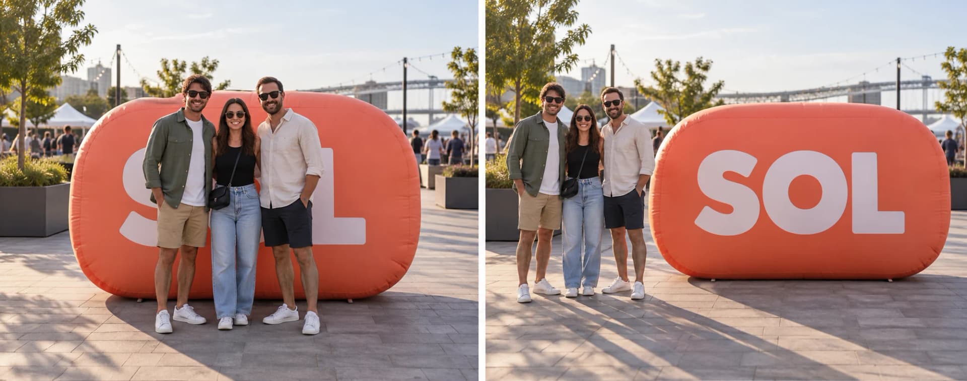 Concept comparison of guest positions obscuring an inflatable logo and keeping its lettering visible