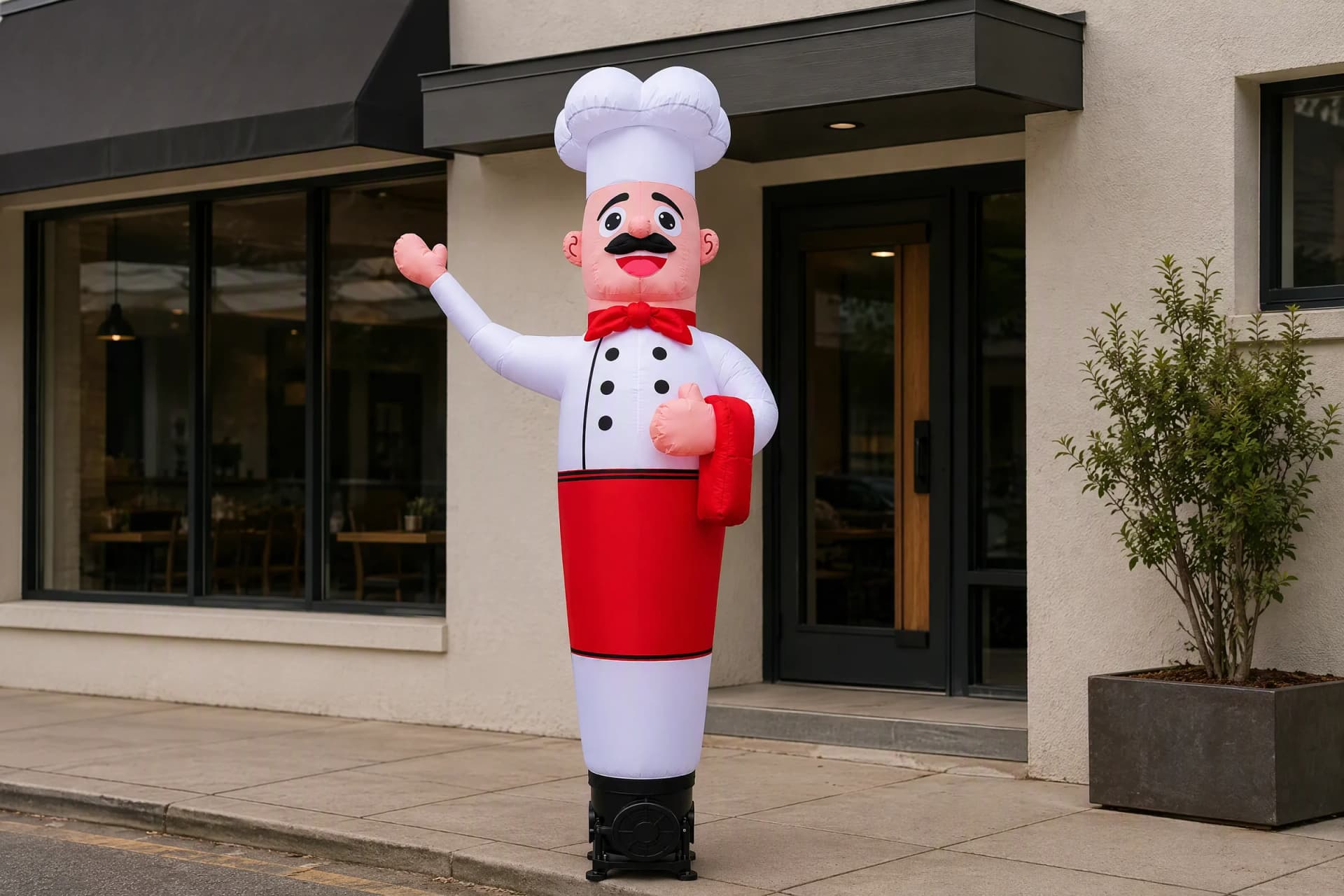 Illustrative chef Air Dancer concept beside a restaurant storefront