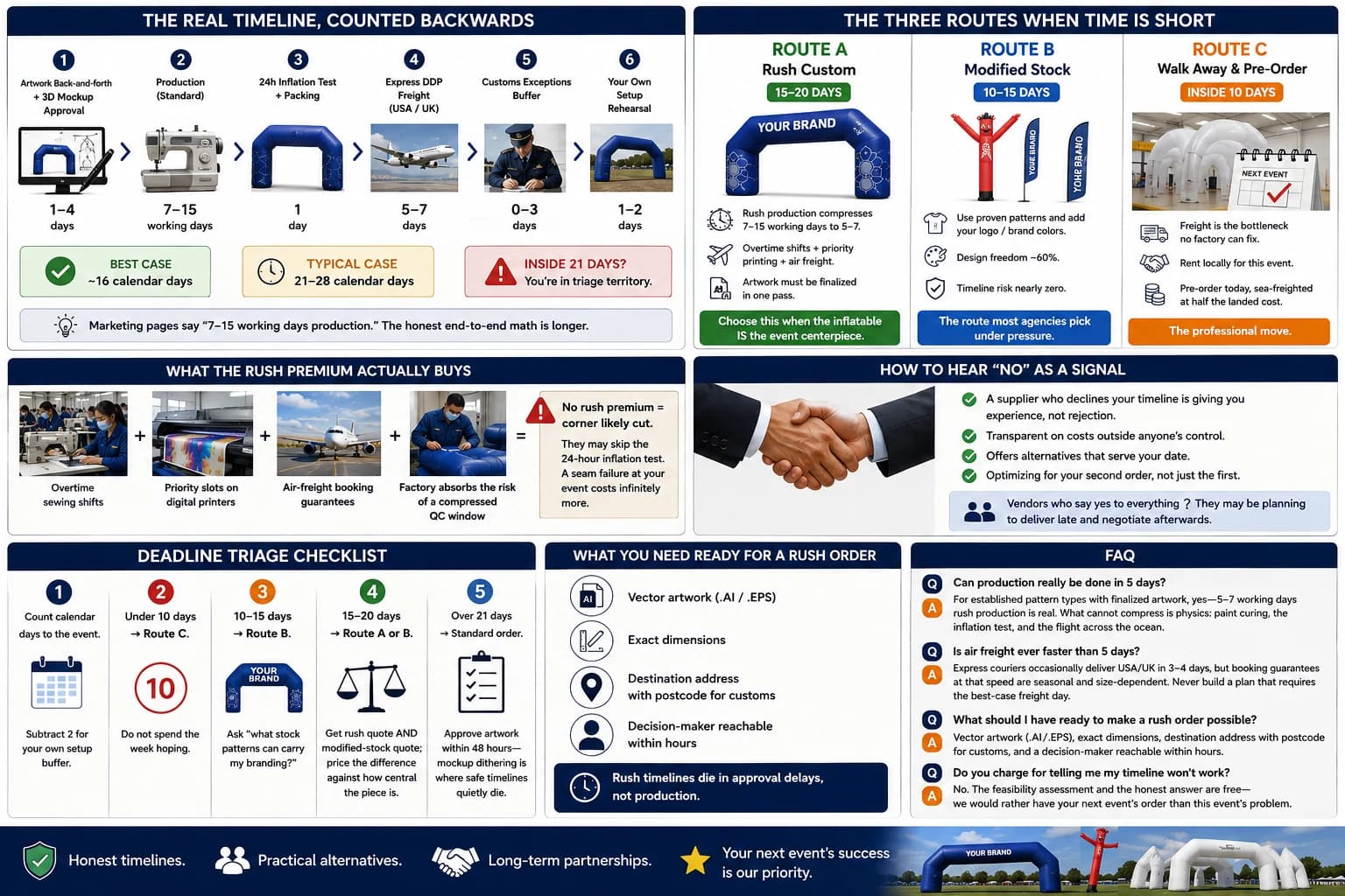 The complete deadline framework: real timeline, three routes, rush premium and triage checklist for custom inflatables | InflatCustom Blog