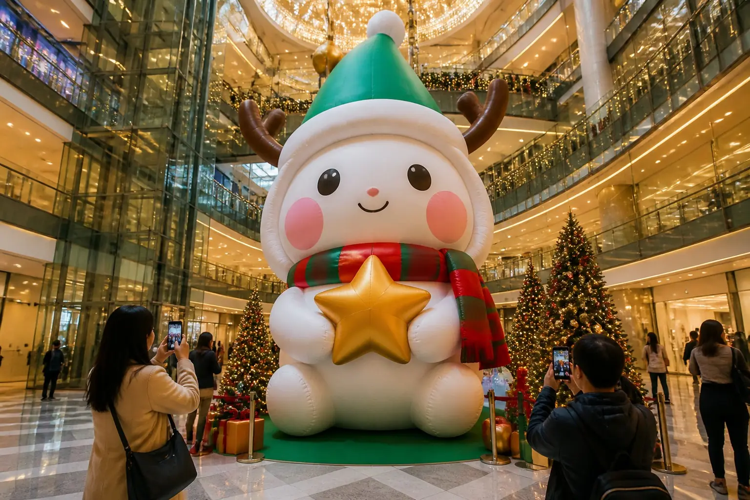 Giant Christmas character inflatable in a shopping mall holiday display