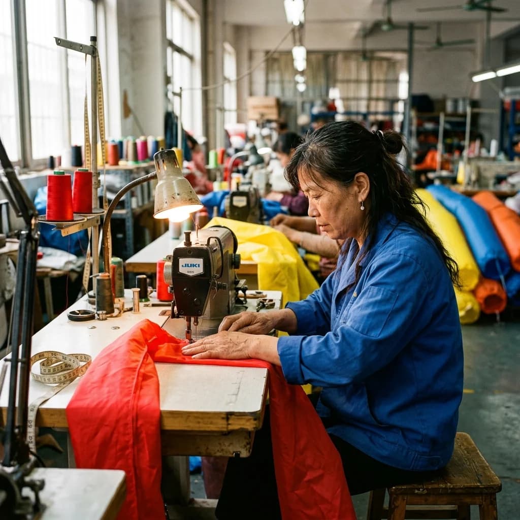 Seamstress operating industrial sewing machine on air dancer fabric tube | InflatCustom Blog