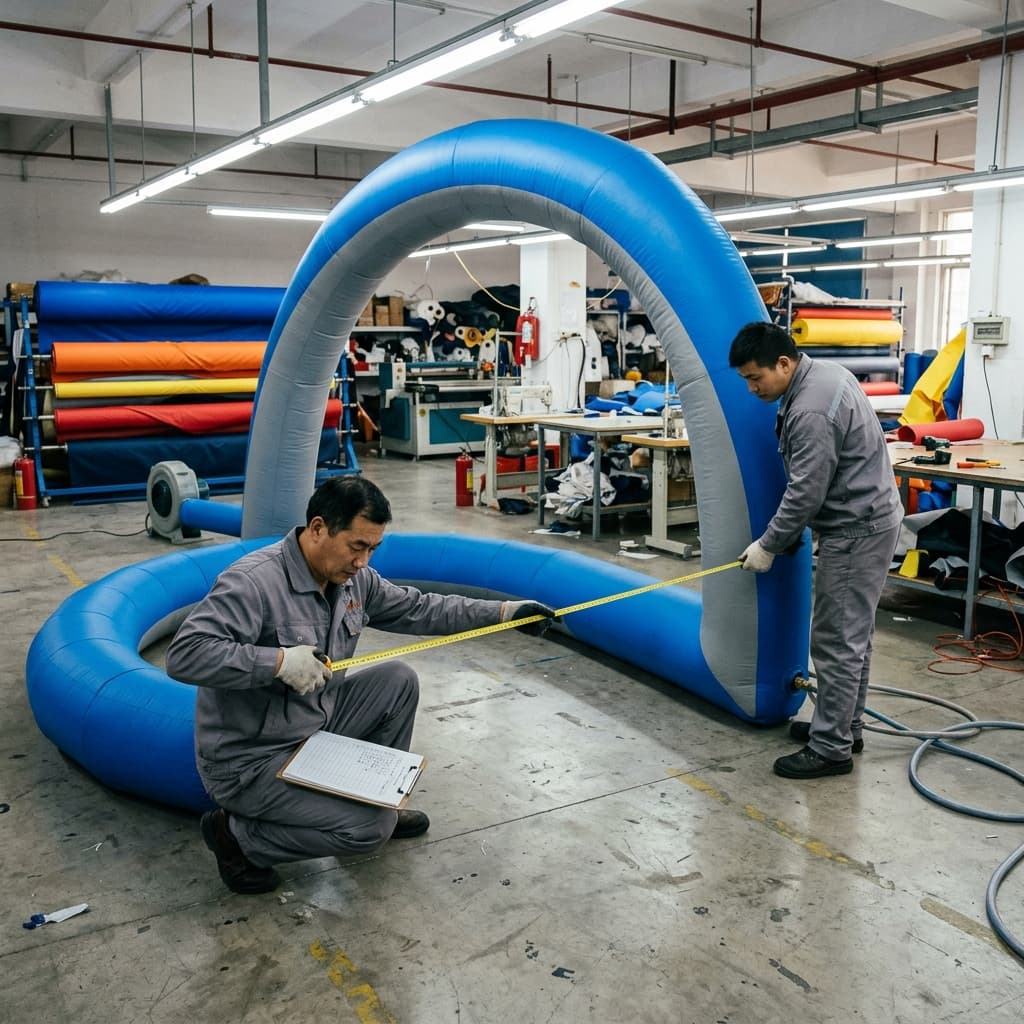 Factory quality control measuring inner dimensions of an arch structure | InflatCustom Blog