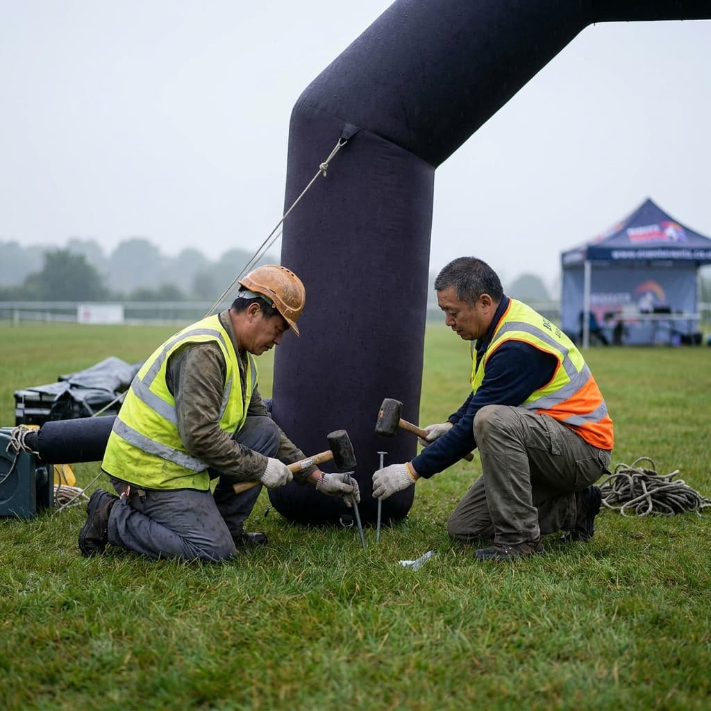 Workers installing ground stakes | InflatCustom Blog