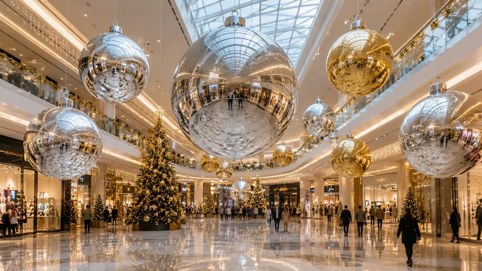 Inflatable mirror balls suspended in a commercial mall atrium event display