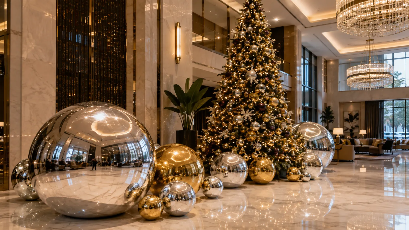 Inflatable mirror balls displayed in a hotel lobby event scene