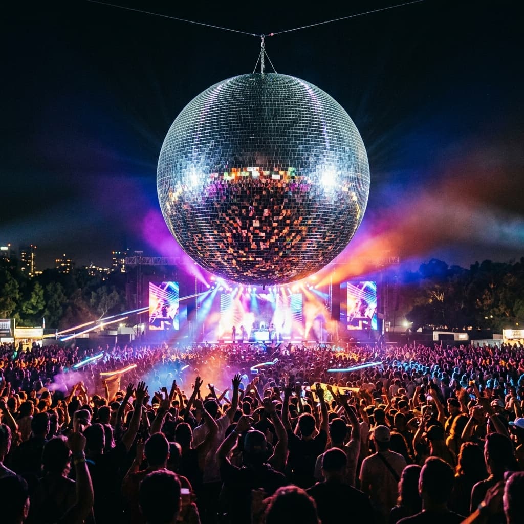 Massive 5-meter inflatable mirror ball at night music festival with stage lighting | InflatCustom Blog