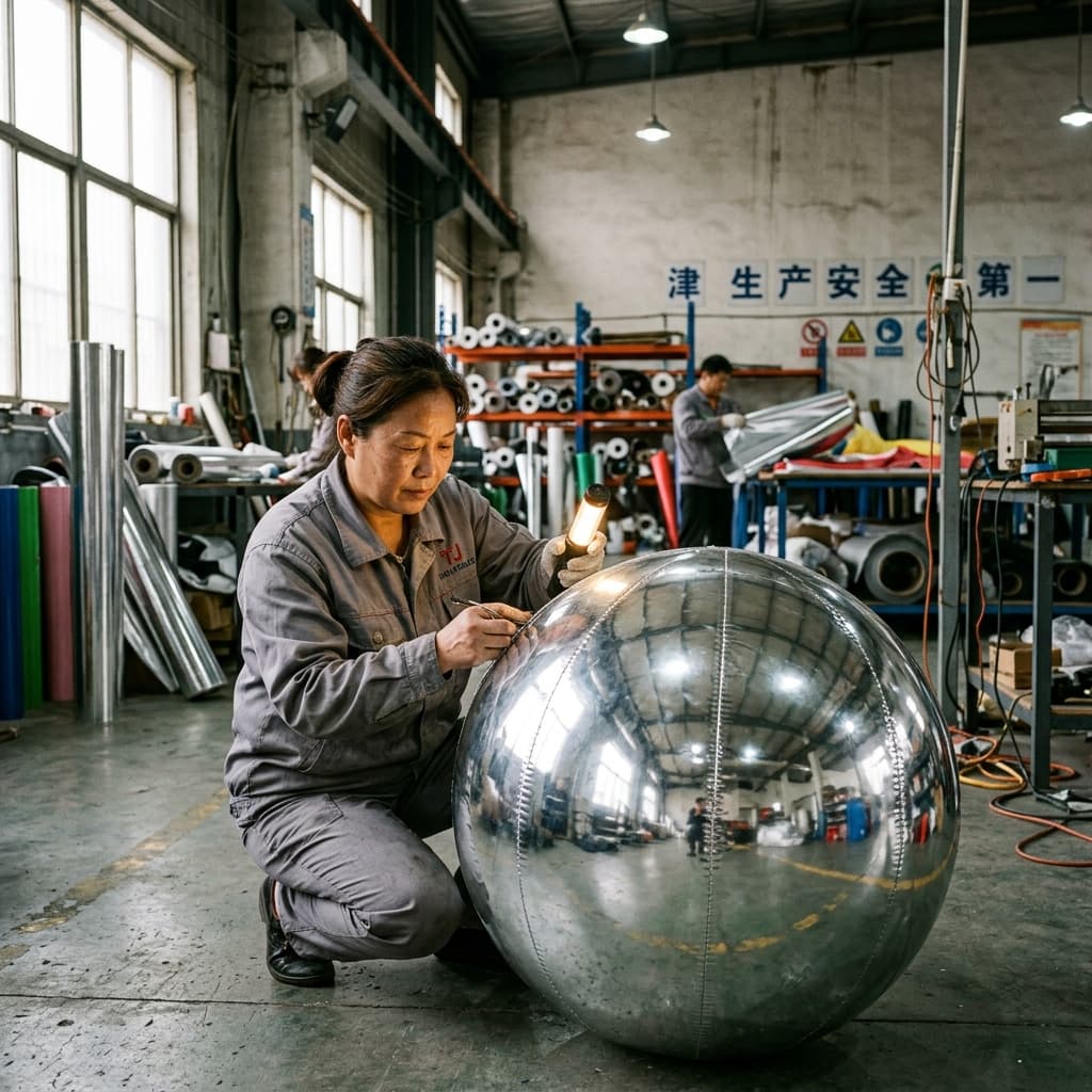 Quality control technician inspecting reflective PVC seams in factory workshop | InflatCustom Blog