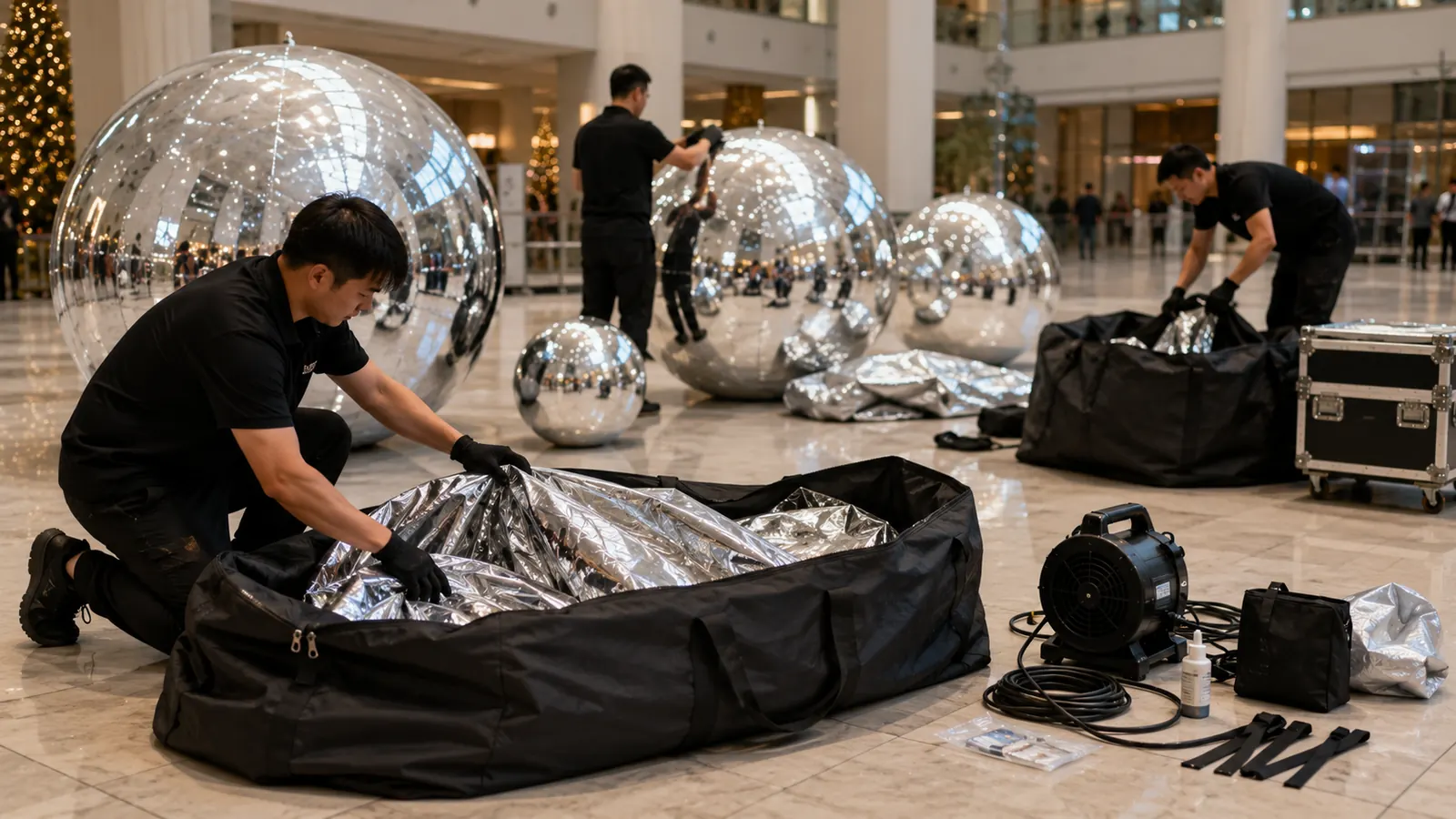 Inflatable mirror ball packing and accessory kit prepared for event installation