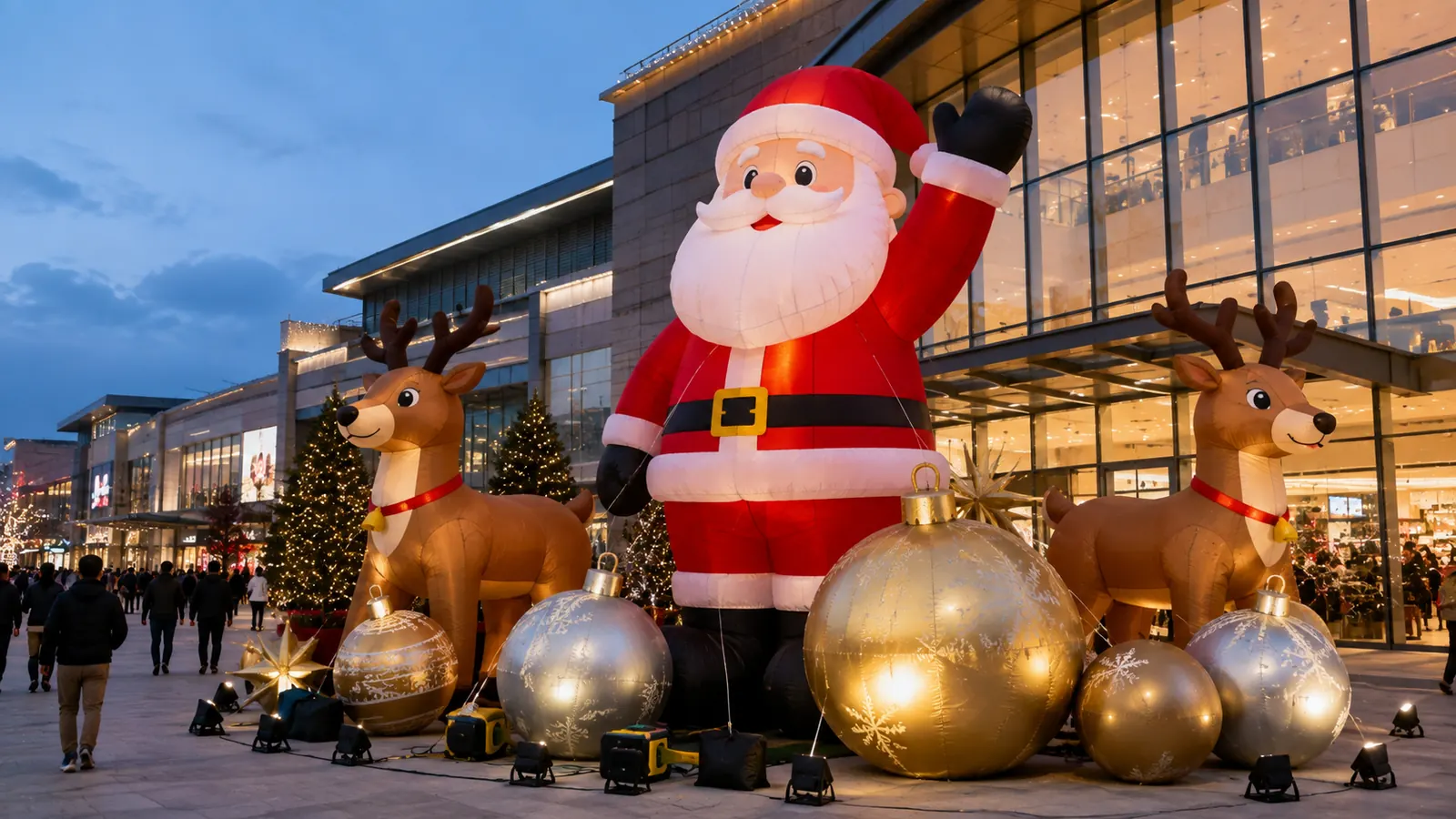 Large inflatable Santa, reindeer and Christmas ornaments outside a U.S. shopping mall