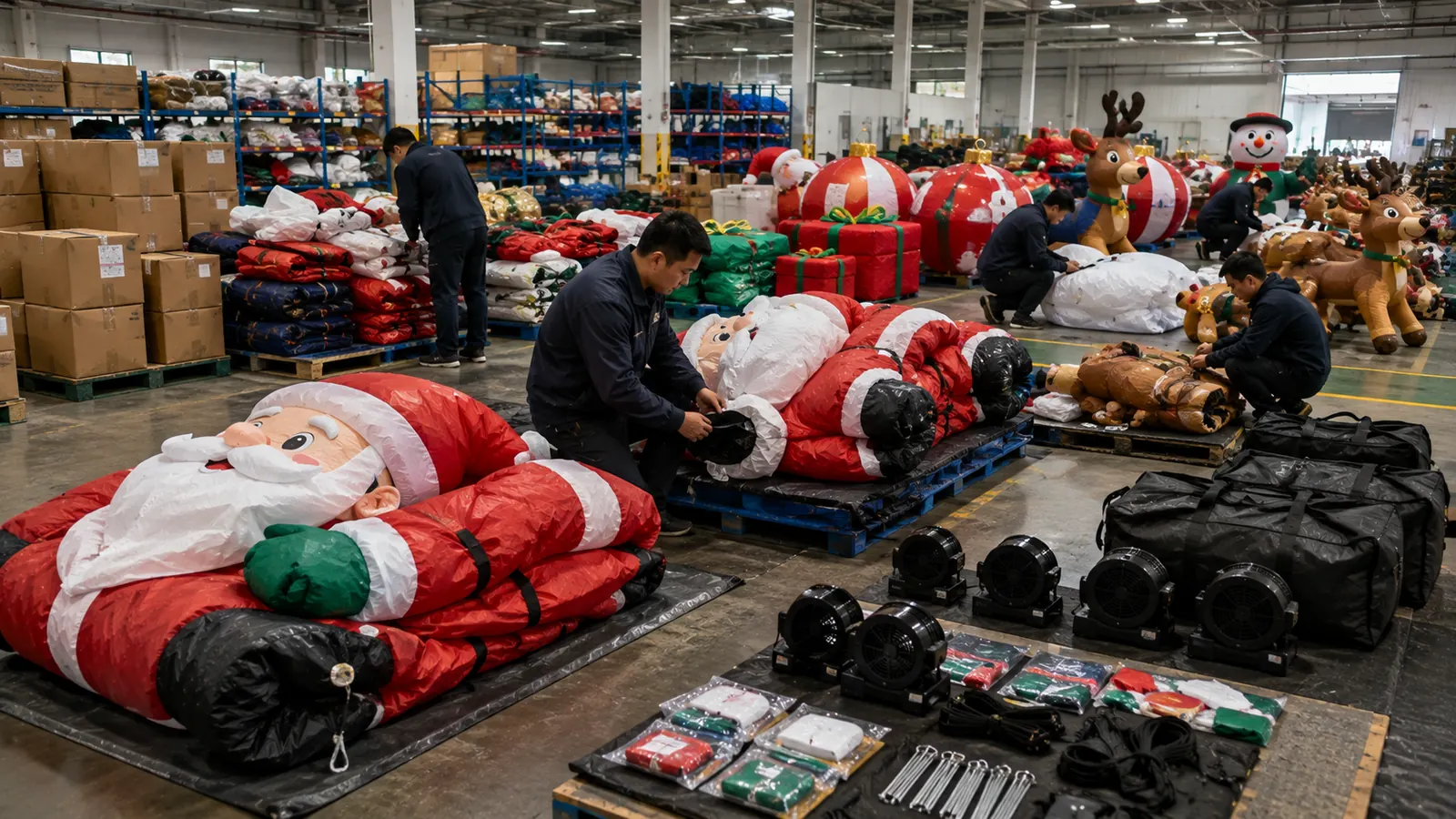 Commercial Christmas inflatable products being prepared and inspected in a factory warehouse