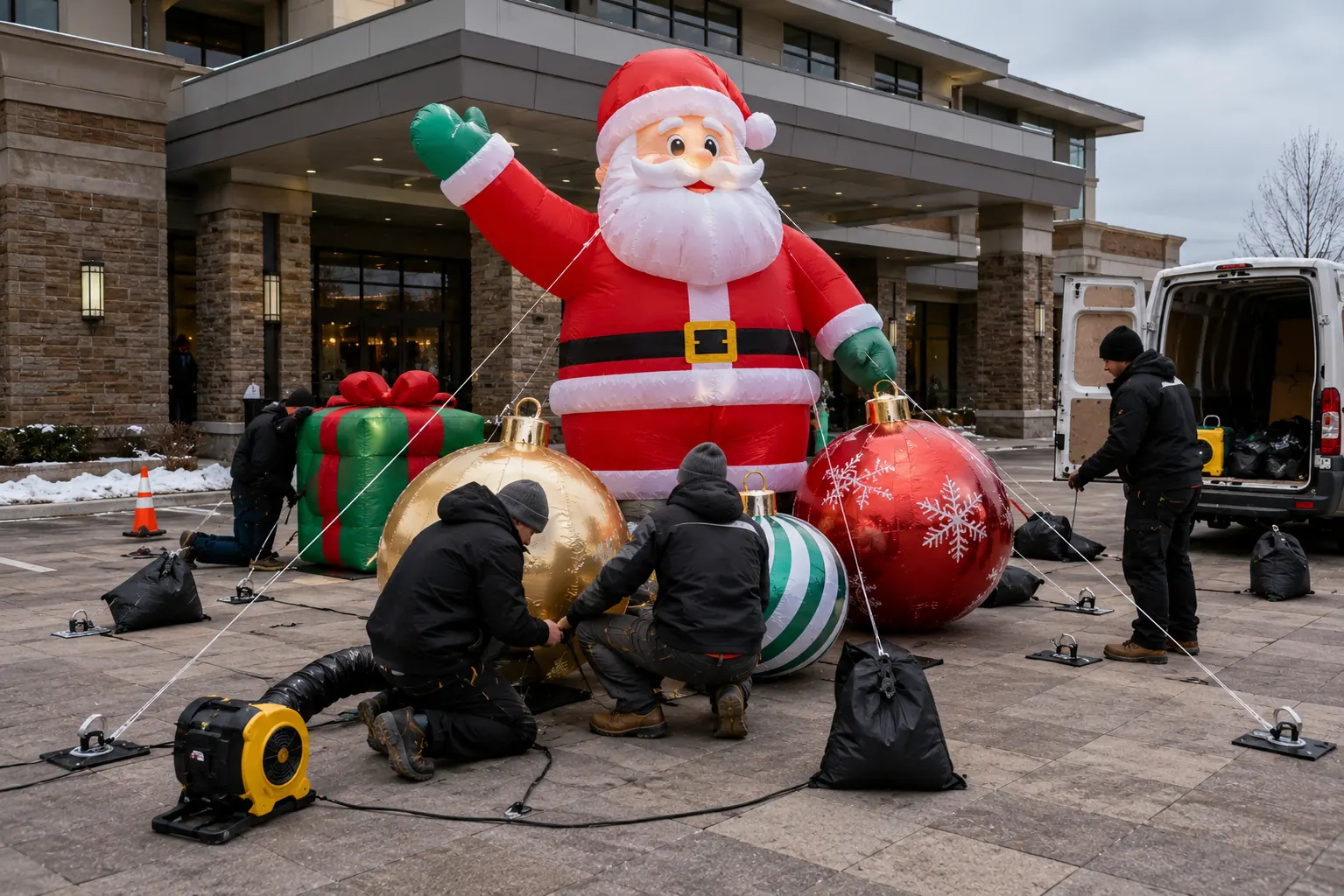 Technicians installing a giant inflatable Santa and Christmas ornaments with ballast and tether lines outside a hotel