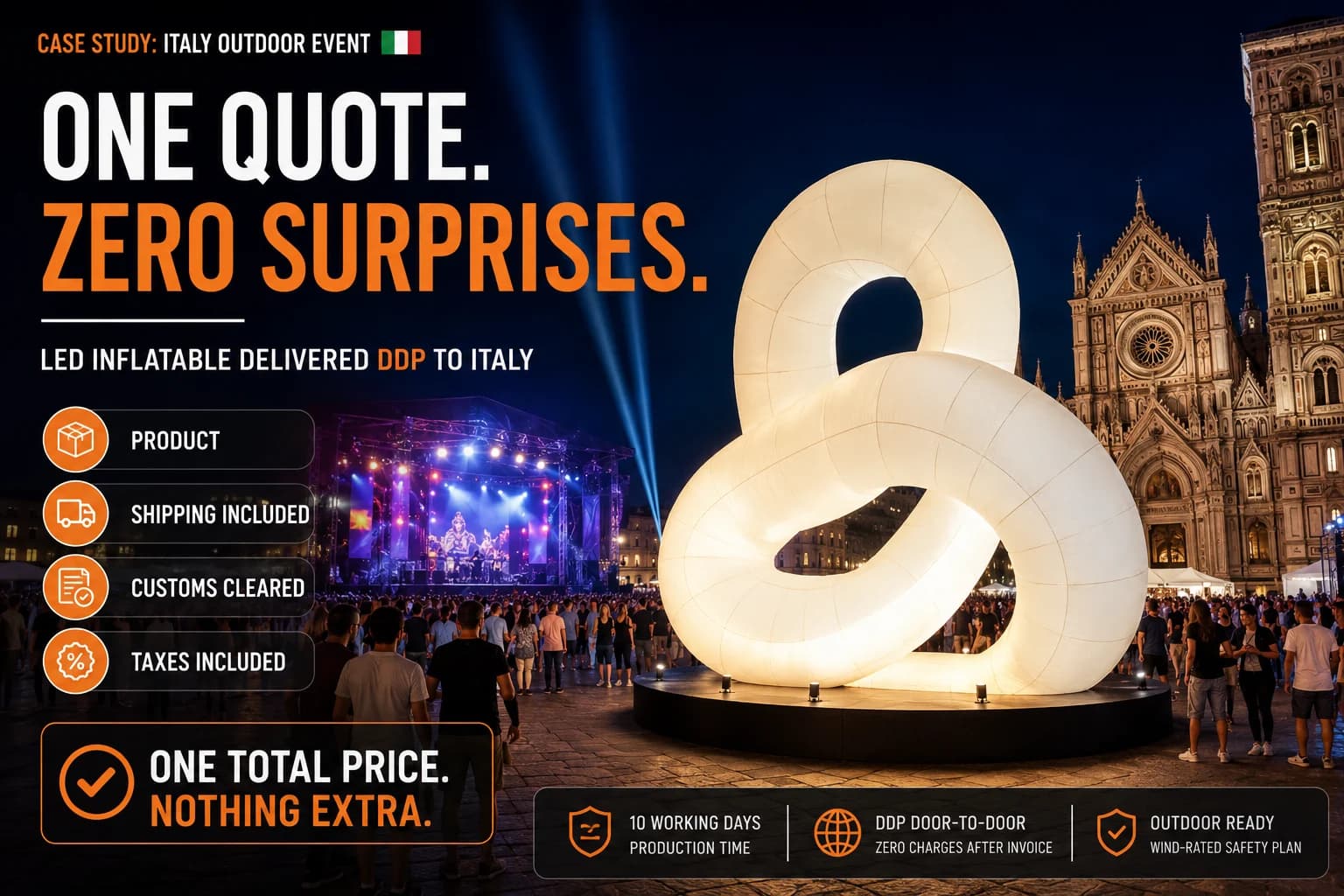 LED Inflatable Centerpiece with One-Number Shipping Quote for an Italian Outdoor Event