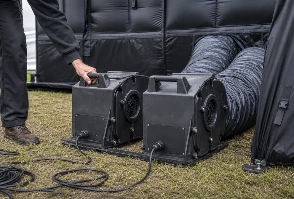 Two blower units connected to a giant inflatable stage tent during setup