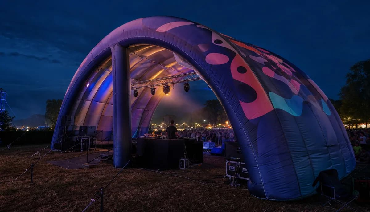 Giant inflatable stage tent covering an outdoor DJ event at night