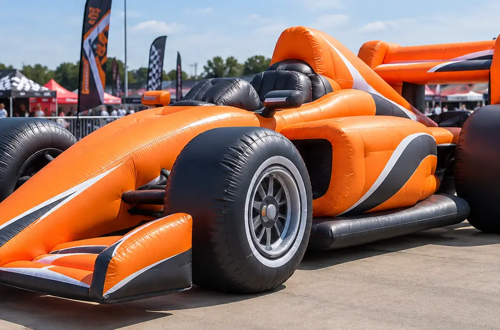 Close-up concept of inflatable racing car body, printed wheels and stitched inflatable surfaces