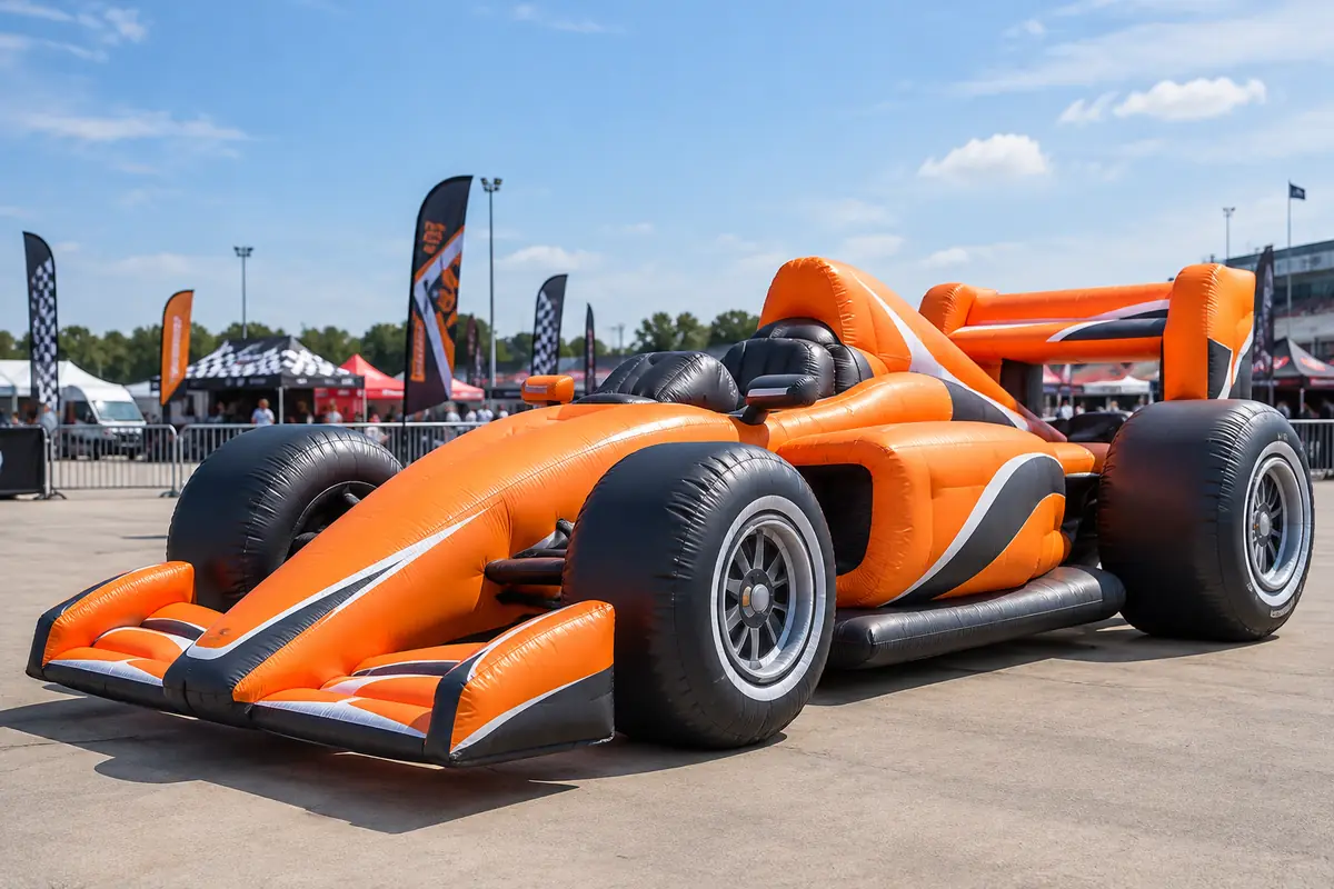 Custom giant orange inflatable racing car concept displayed at an outdoor motorsport promotional event