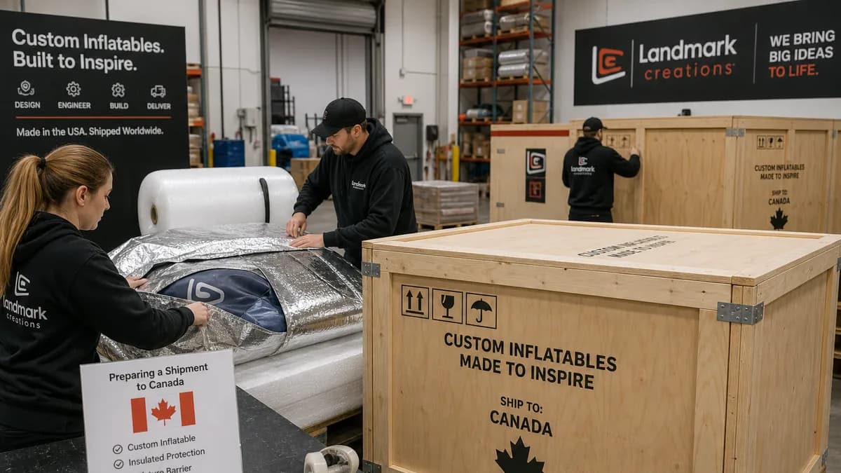 Event crew packing commercial Christmas inflatables for seasonal storage