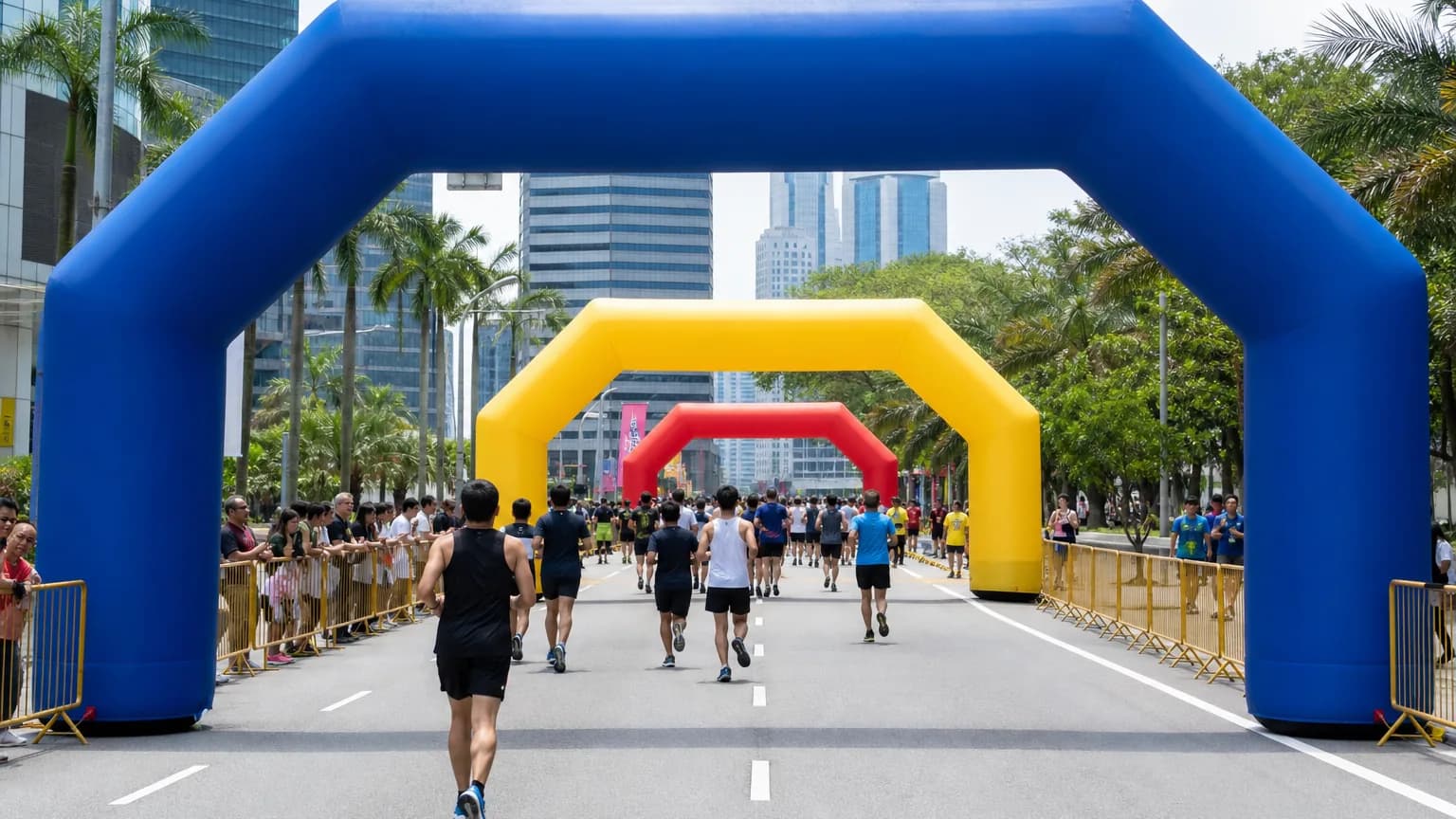 Inflatable race arch set up on an urban marathon route