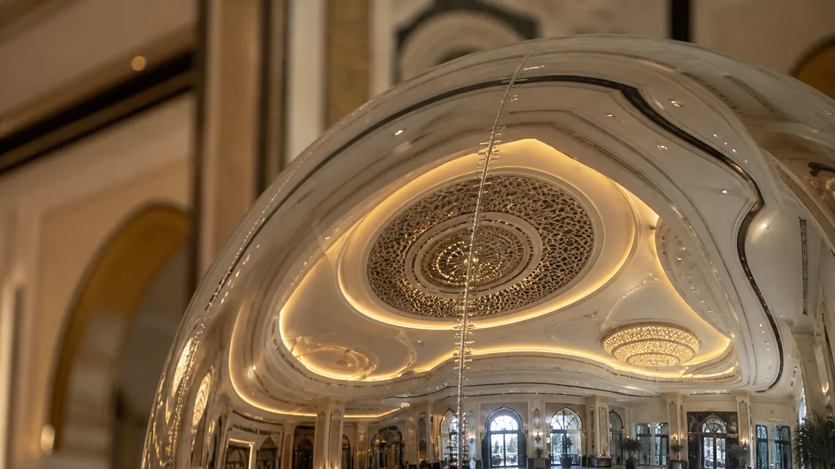 Close-up of reflective inflatable mirror ball material and hanging hardware