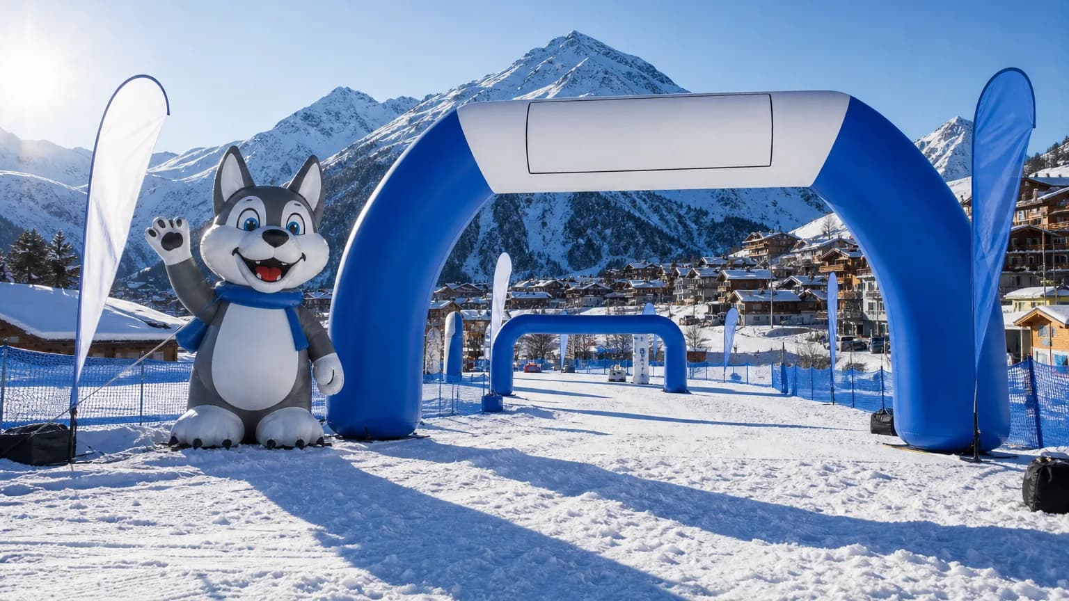 Inflatable race arch and event display in a Swiss winter sports setting