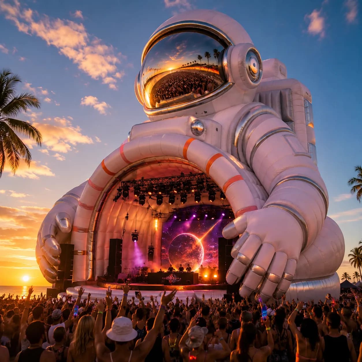 Custom astronaut-inspired inflatable stage canopy concept for a sunset music festival