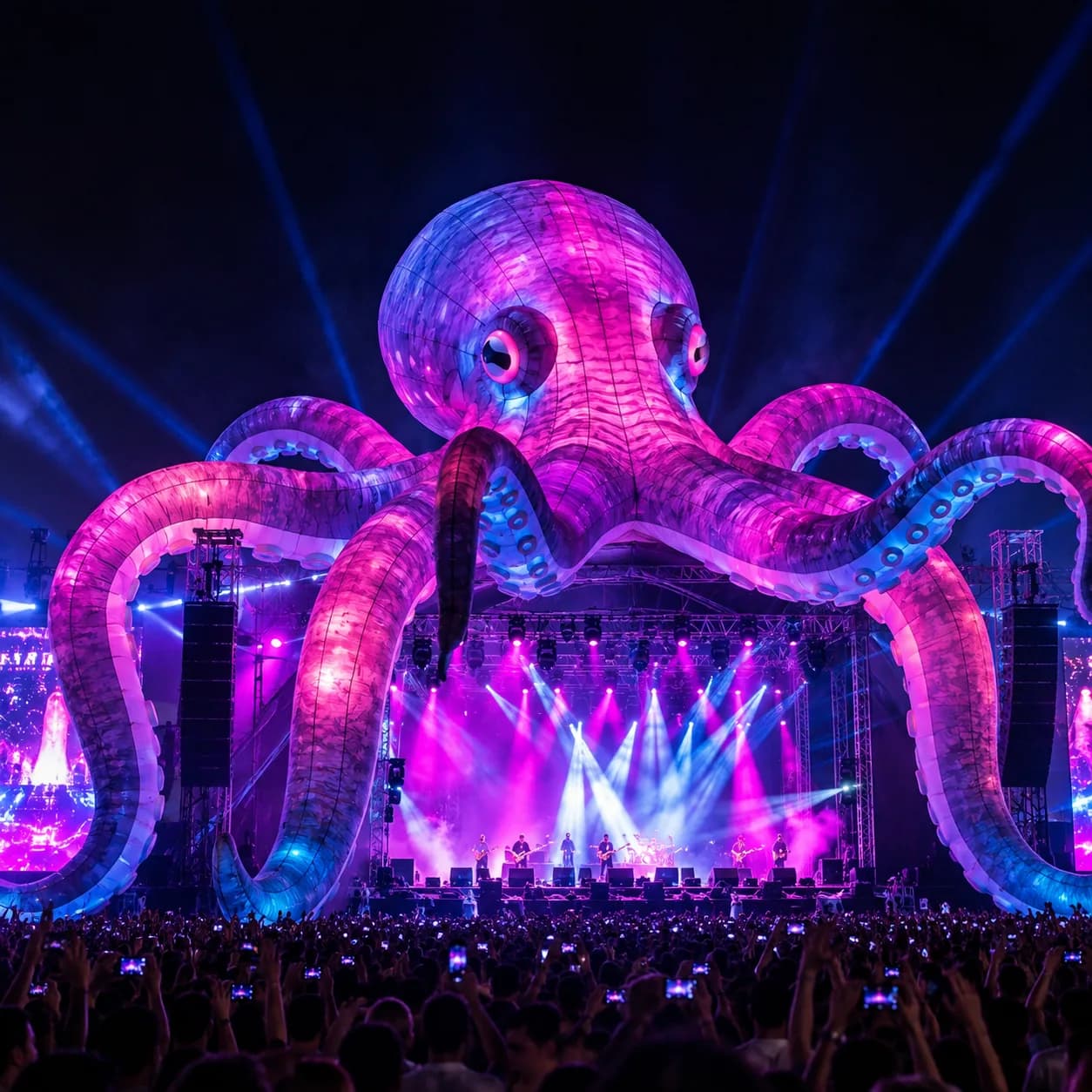 Custom sculptural inflatable festival stage concept with octopus-inspired canopy design at night