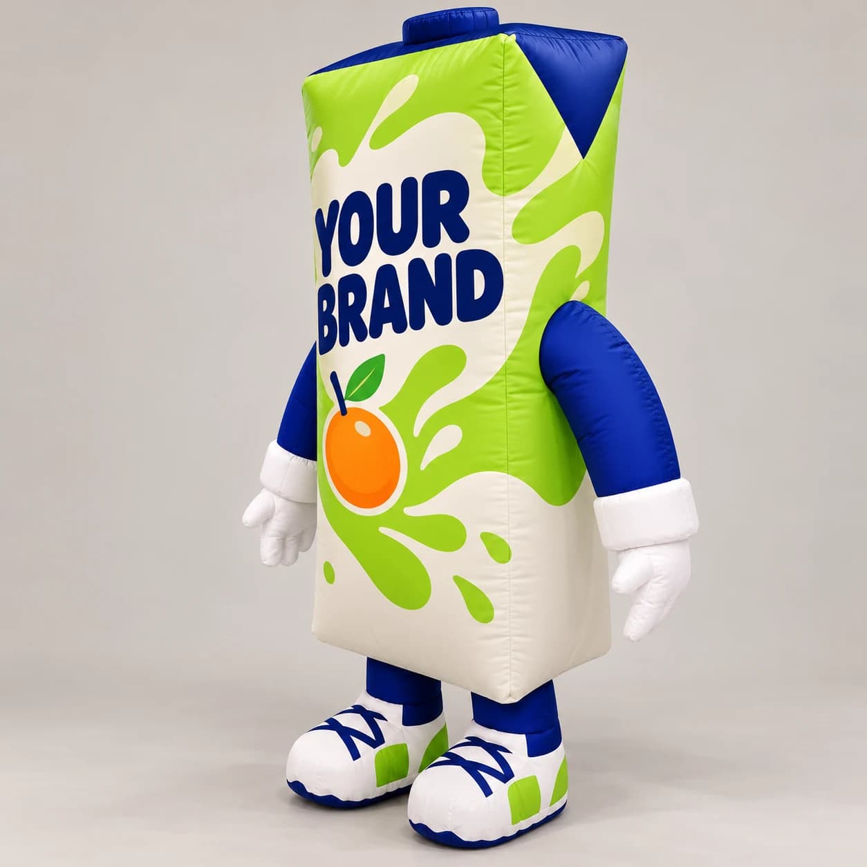 Generic beverage carton inflatable mascot on a warm gray studio background