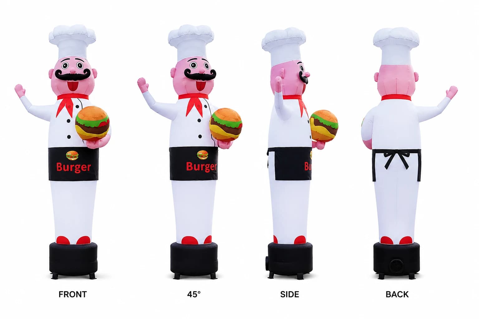 Giant Inflatable Chef Air Dancer Front 45 Side and Back Views | InflatCustom