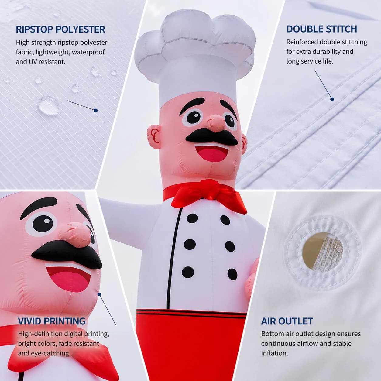 Giant Inflatable Chef Air Dancer Ripstop Polyester Fabric and Stitching Detail | InflatCustom