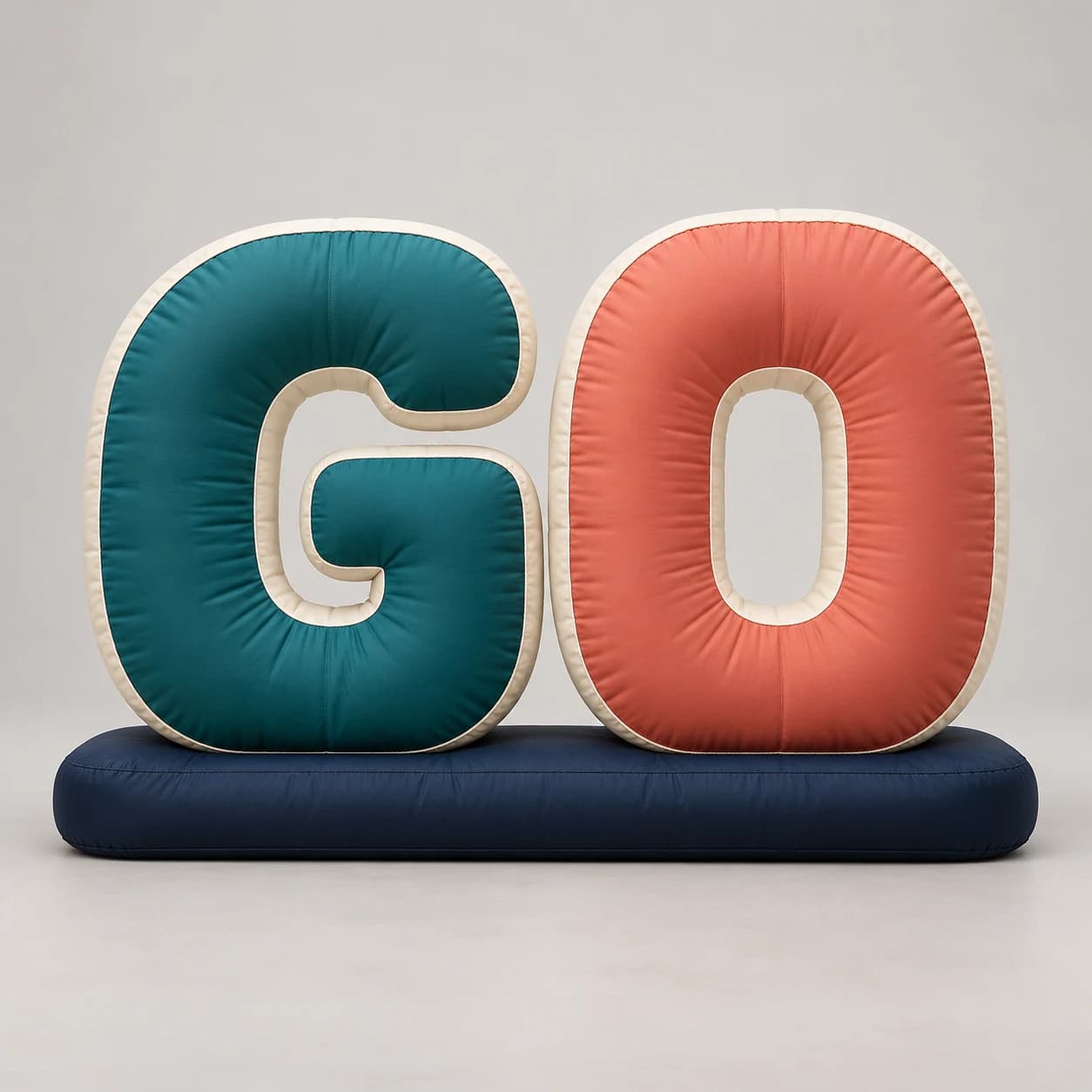 Original teal G and coral O inflatable letter sign on a navy base, front studio view, original design concept