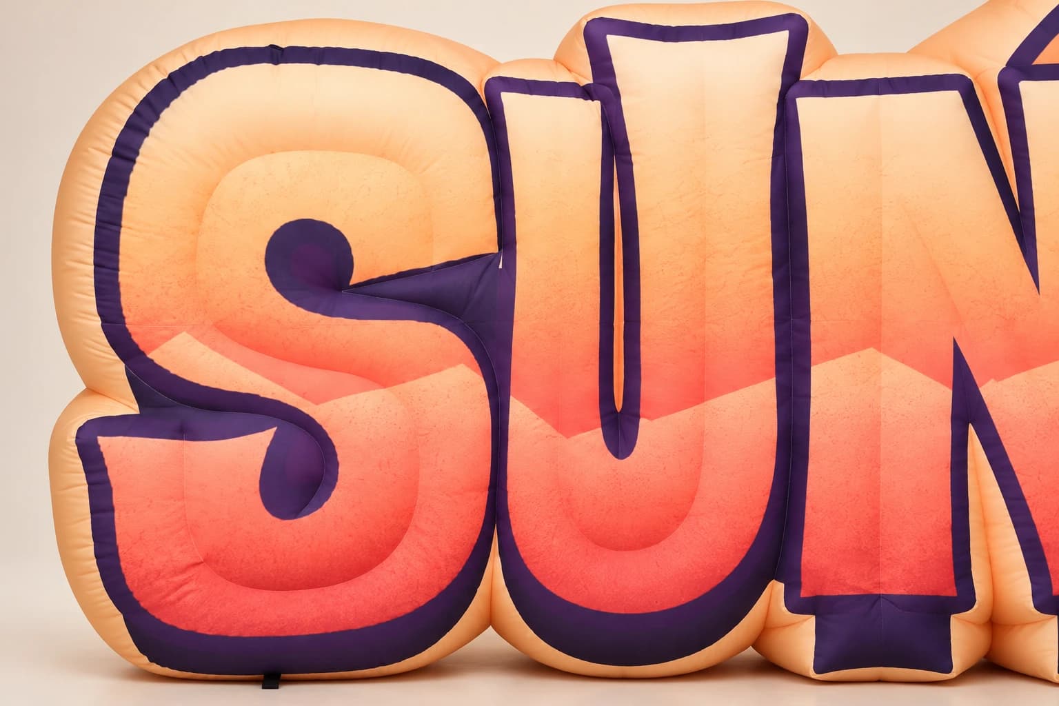 AI-assisted product visualization: Close-up of orange gradient artwork and purple outlines on SUNDOWN sign