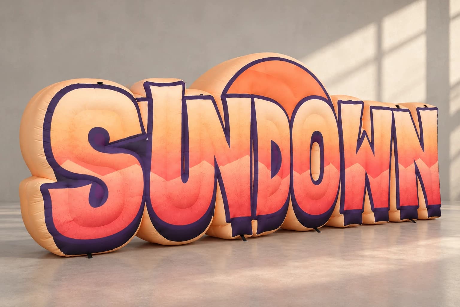 AI-assisted product visualization: Front-left view of SUNDOWN sign showing peach sidewalls