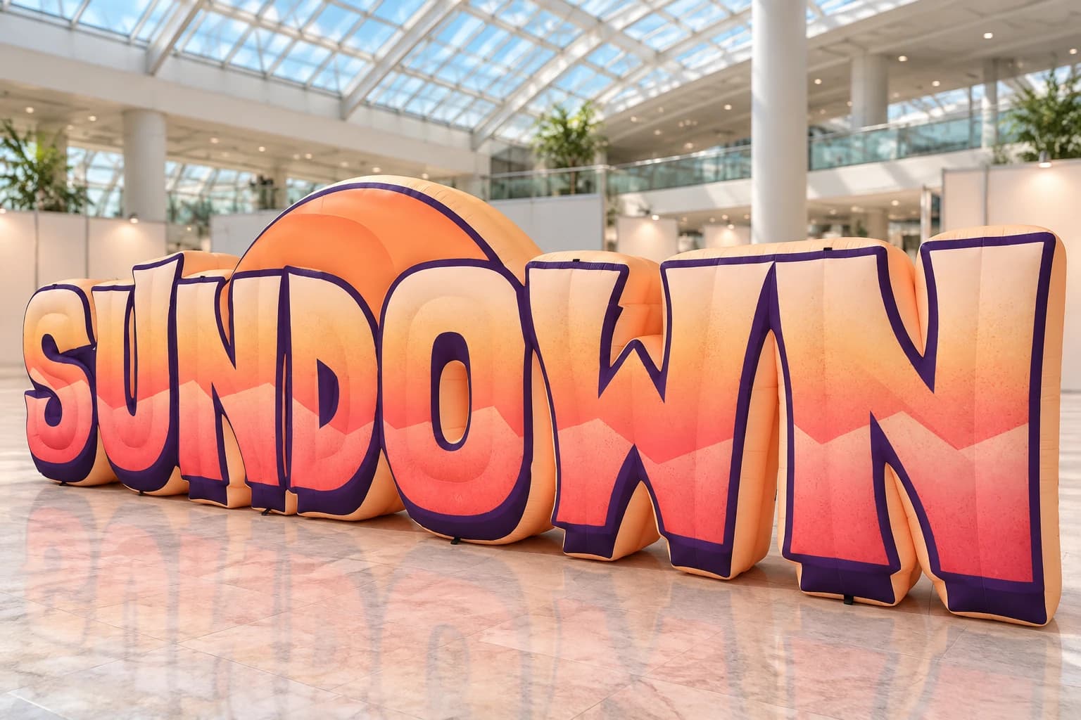 AI-assisted product visualization: Front-right view of SUNDOWN sign in a conceptual exhibition atrium